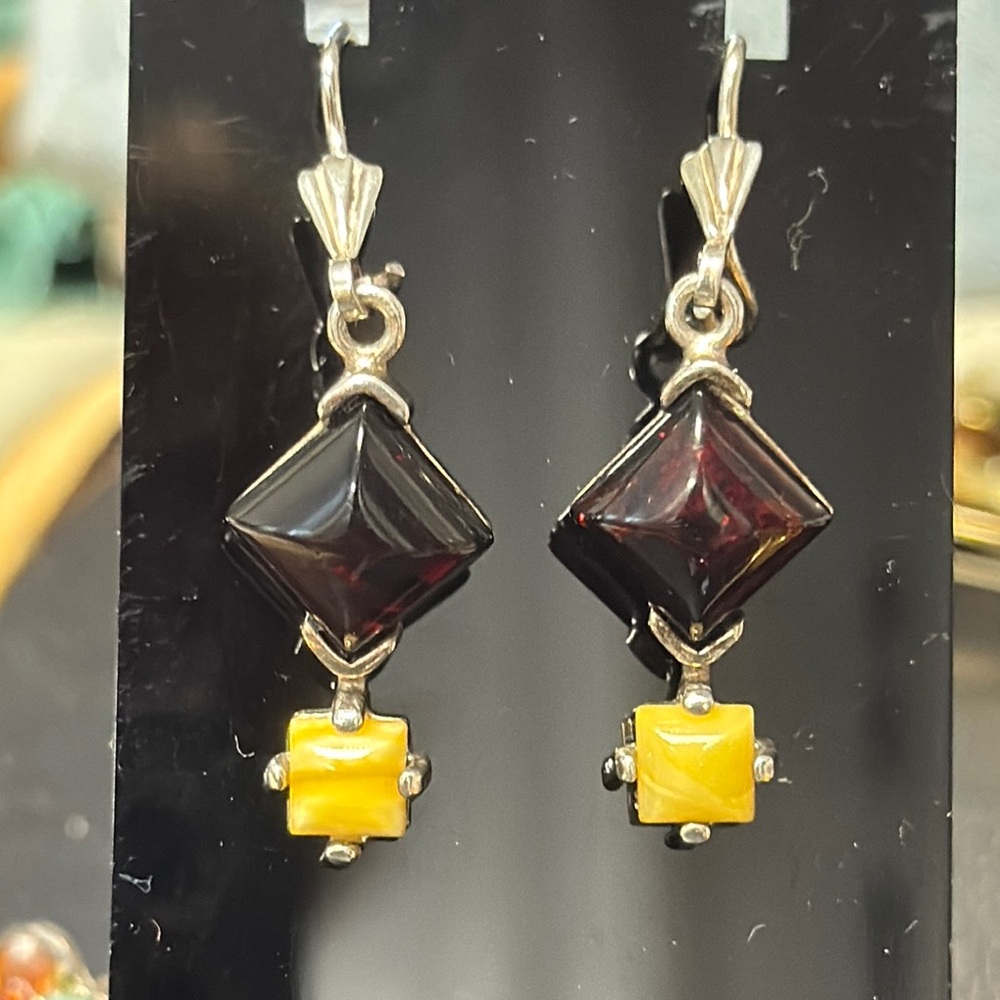 Sterling Silver Red & Yellow Dangly Amber Earrings